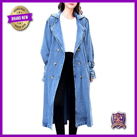 Oversized Denim Jacket Long Trench Coat Retro Chic Y2K Button Down Belted